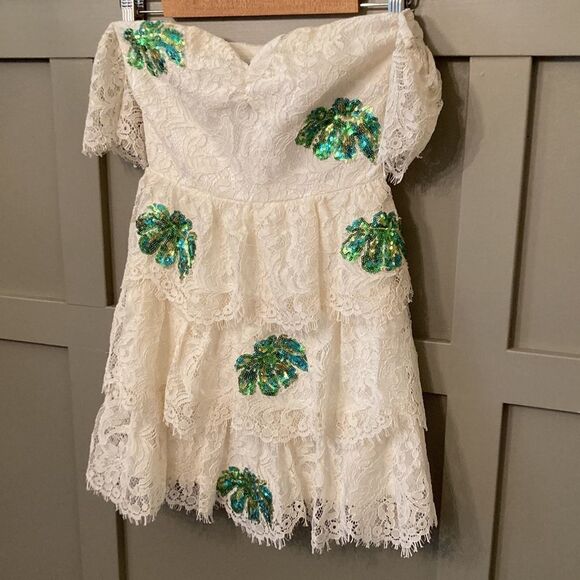 LOVERS + Friends x Revolve Charleston Dress in Ivory Palm Lace Sequins Size XS - Picture 7 of 13